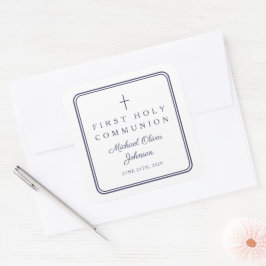 Elegant Navy Blue Cross Boy First Communion  Quadratischer Aufkleber