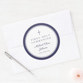 Elegant Navy Blue Cross Boy First Communion  Runder Aufkleber