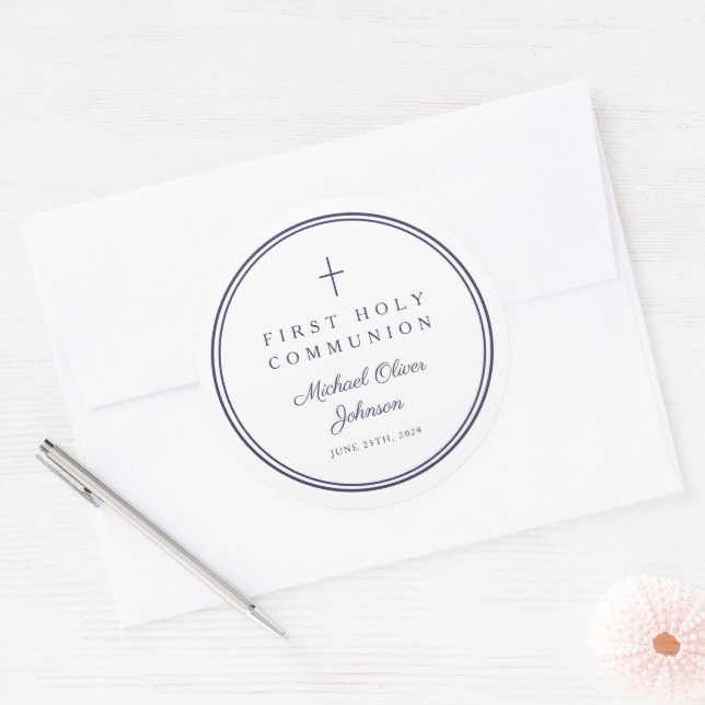 Elegant Navy Blue Cross Boy First Communion  Runder Aufkleber (Umschlag)