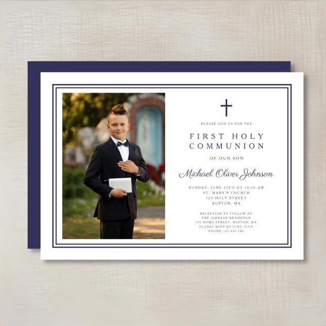 Elegant Navy Blue Cross Boy Foto Erste Kommune Einladung (Elegant Navy Blue Cross Boy Photo First Communion Invitation)