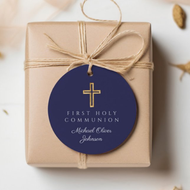 Elegant Navy Blue Cross First Communityrunde Geschenkanhänger (Elegant Navy Blue Cross First Communion Round Favor Tags)