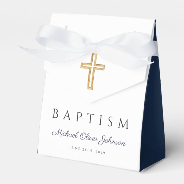 Elegant Navy Blue Cross Foto Boy Taufe Geschenkschachtel (Vorderseite)