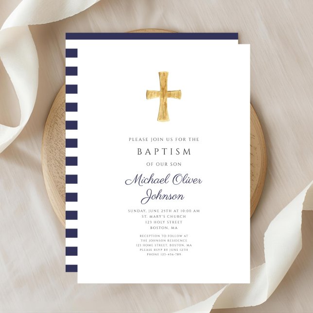 Elegant Navy Blue Cross Religious Boy Baptisse Einladung (Elegant Navy Blue Cross Religious Boy Baptism Invitation)