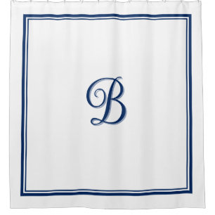 Elegant Navy Blue Double Border Script Monogram Duschvorhang