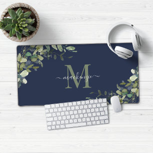 Elegant Navy Blue Eucalyptus Botanical Monogram Schreibtischunterlage