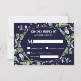 Elegant Navy Blue Eukalyptus Greenerity Wedding RSVP Karte