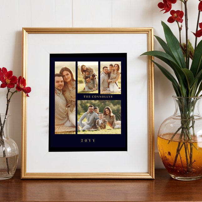 Elegant Navy Blue & Fake Classic 4 Muli Photos Fotodruck (Elegant Navy Blue & Fake Gold Simple Classic 4 Multi Photos Collage Family Photo Print.)