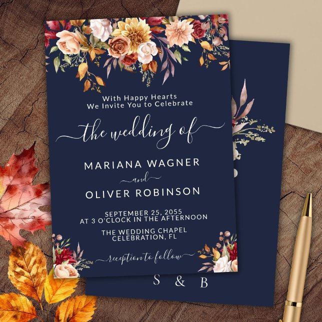 Elegant Navy Blue Fall Floral Wedding Einladung (Von Creator hochgeladen)