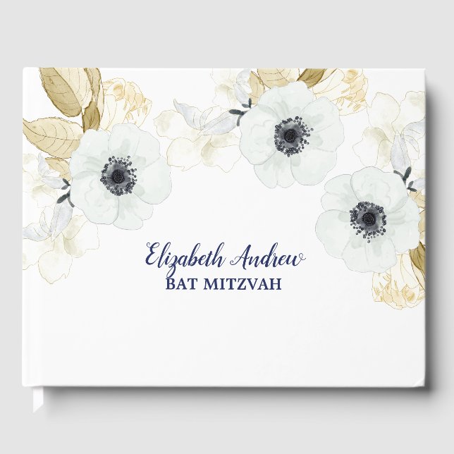 Elegant Navy Blue Floral Bat Mitzvah Gästebuch (Vorderseite)