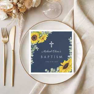 Elegant Navy Blue Floral Cross Taufe Serviette