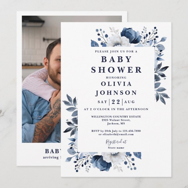 Elegant Navy Blue Floral Foto Baby Shower Einladung (Vorne/Hinten)
