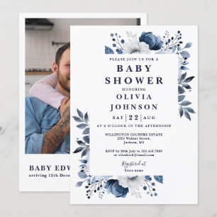Elegant Navy Blue Floral Foto QR Baby Shower Einladung