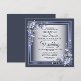 Elegant Navy Blue Floral Framed Silver Wedding Einladung