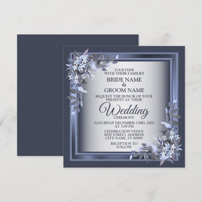 Elegant Navy Blue Floral Framed Silver Wedding Einladung (Vorne/Hinten)