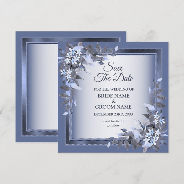 Elegant Navy Blue Floral Framed Silver Wedding Save The Date (Vorne/Hinten)