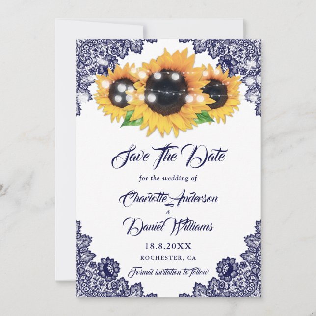 Elegant Navy Blue Floral Lace Sunflower Wedding Save The Date (Vorderseite)