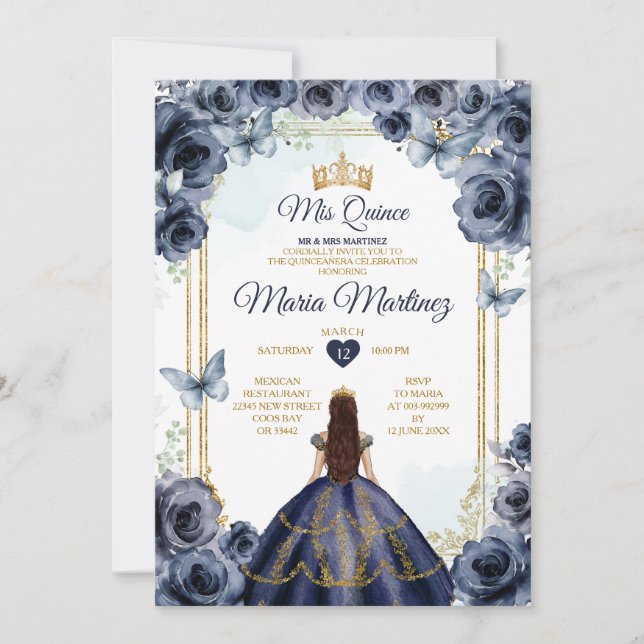 Elegant Navy Blue Floral Prinzessin Quiñceanera Einladung (Vorderseite)