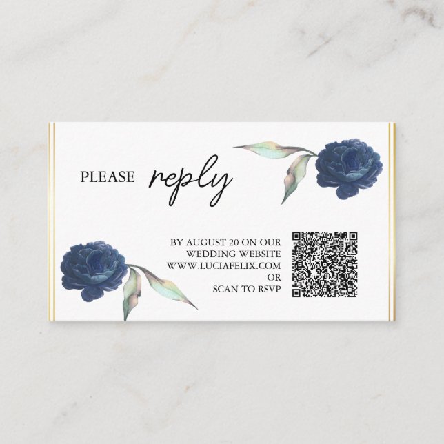 Elegant Navy Blue Floral Rose Wedding RSVP Begleitkarte (Vorderseite)