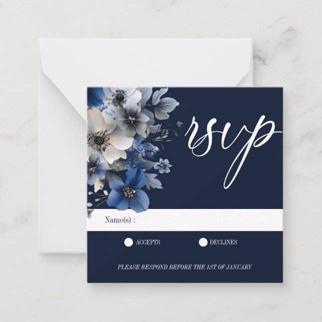Elegant Navy Blue Floral RSVP Mitteilungskarte (Vorderseite)