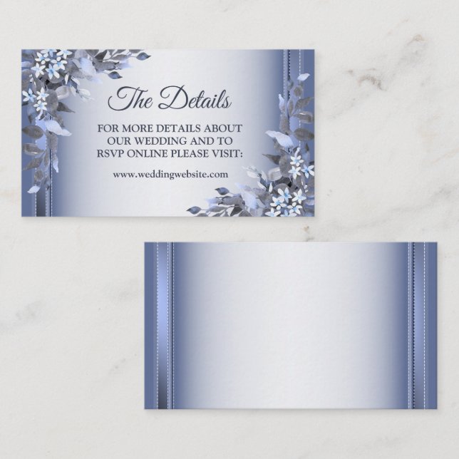 Elegant Navy Blue Floral Silver Wedding Detail Begleitkarte (Vorne/Hinten)