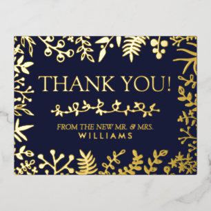 Elegant Navy Blue Floral Wedding Vielen Dank Folie Einladungspostkarte