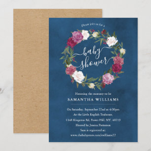 Elegant Navy Blue Floral Wreath Baby Shower Einladung