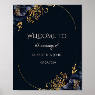 Elegant Navy Blue Flowers Hochzeit Poster