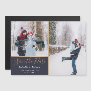 Elegant Navy Blue Foto Collage Gold Save the Date Magneteinladung