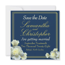 Elegant Navy Blue Foto Gold Script White Rose