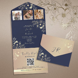 Elegant Navy Blue Foto QR Code Hochzeit All In One Einladung