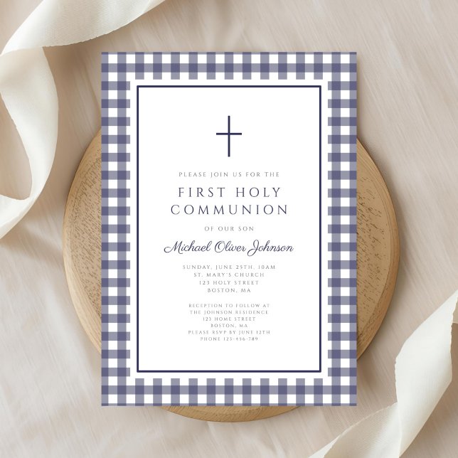 Elegant Navy Blue Gingham Boy First Communion Einladung (Elegant Navy Blue Gingham Boy First Communion Invitation)