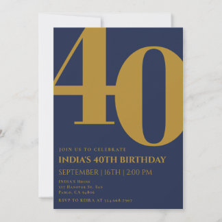 Elegant Navy Blue & Gold 40. Geburtstag Einladung