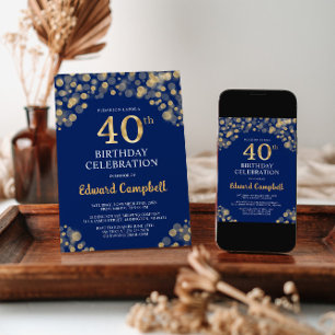 Elegant Navy Blue & Gold 40. Geburtstag Einladung