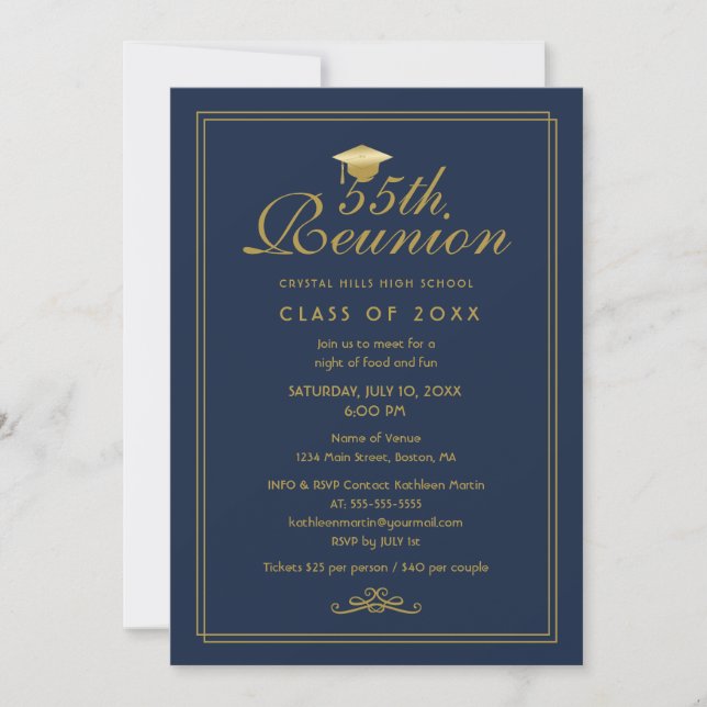 Elegant Navy Blue Gold 55. Class Wiedersehen Einladung (Vorderseite)