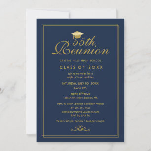 Elegant Navy Blue Gold 55. Class Wiedersehen Einladung