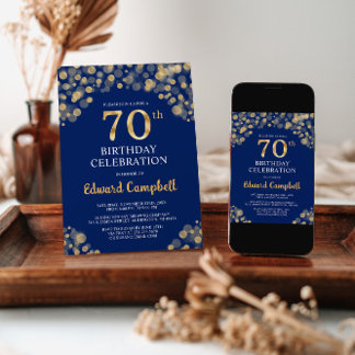 Elegant Navy Blue & Gold 70. Geburtstag Einladung