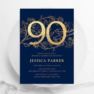 Elegant Navy Blue Gold 90. Geburtstag Einladung