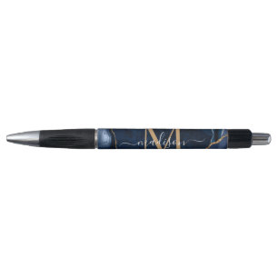 Elegant Navy Blue Gold Agate Geode Chic Monogram Kugelschreiber