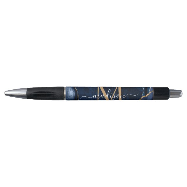 Elegant Navy Blue Gold Agate Geode Chic Monogram Kugelschreiber (Vorderseite)