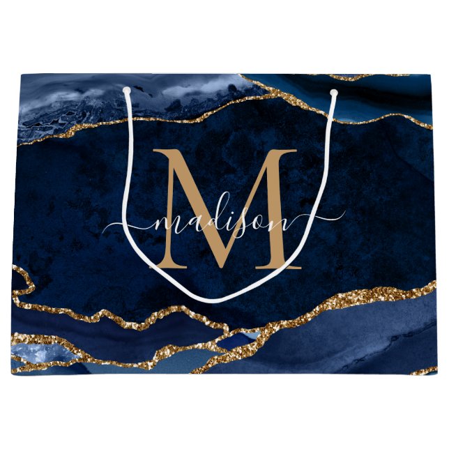 Elegant Navy Blue Gold Agate Geode Girly Monogram Große Geschenktüte (Vorderseite)