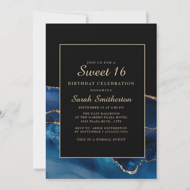 Elegant Navy Blue Gold Agate Marmor Sweet 16 Einladung (Vorderseite)