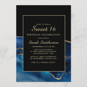 Elegant Navy Blue Gold Agate Marmor Sweet 16 Einladung