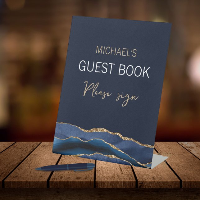 Elegant Navy Blue Gold Agate Men Gästebuch Pedes Sockelschild (Von Creator hochgeladen)