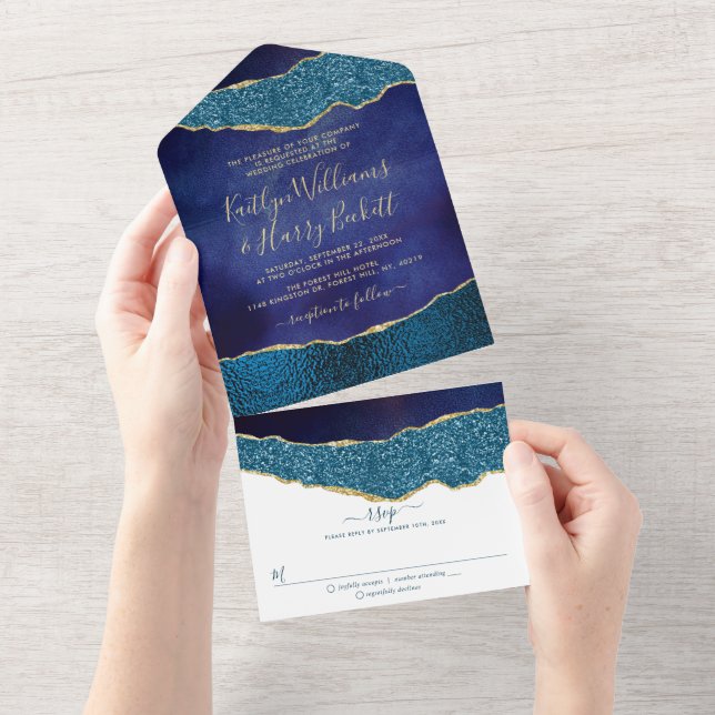 Elegant Navy Blue & Gold Agate Wedding All In One Einladung (Abreißen)