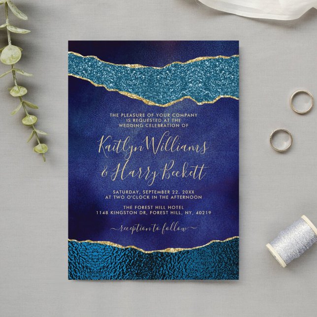 Elegant Navy Blue & Gold Agate Wedding Einladung (Von Creator hochgeladen)