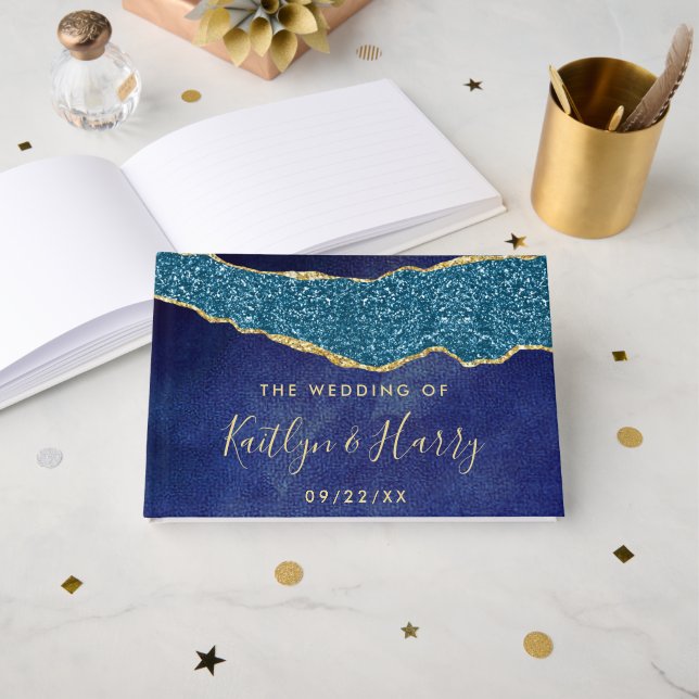 Elegant Navy Blue & Gold Agate Wedding Gästebuch (Vorderseite Offen)