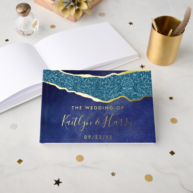 Elegant Navy Blue & Gold Agate Wedding Gästebuch (Vorderseite Offen)