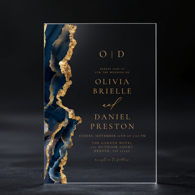 Elegant Navy Blue Gold Agate Wedding Monogram Acryleinladungen (Von Creator hochgeladen)