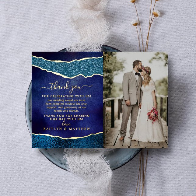 Elegant Navy Blue & Gold Agate Wedding Vielen Dank Folieneinladung (Von Creator hochgeladen)