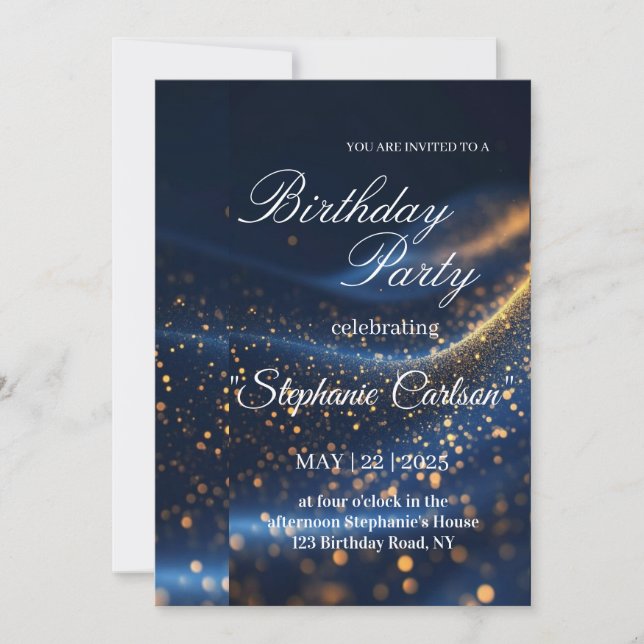 Elegant Navy Blue & Gold Birthday Party Invitation (Devant)